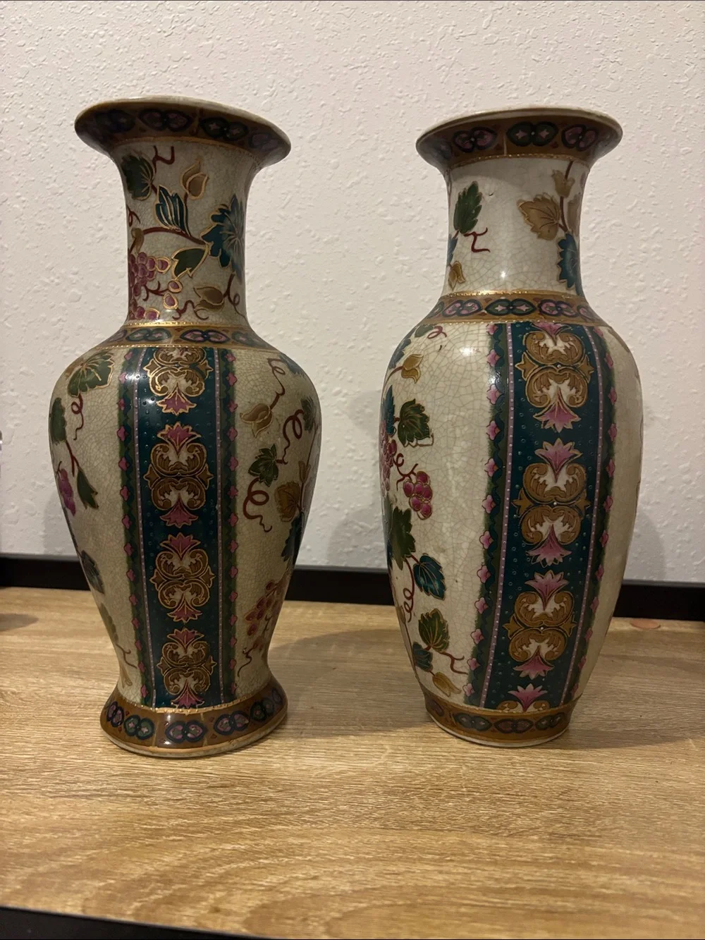 Decorative Floral Grape Porcelain Vases - Pair, Cream with Teal and Burgundy